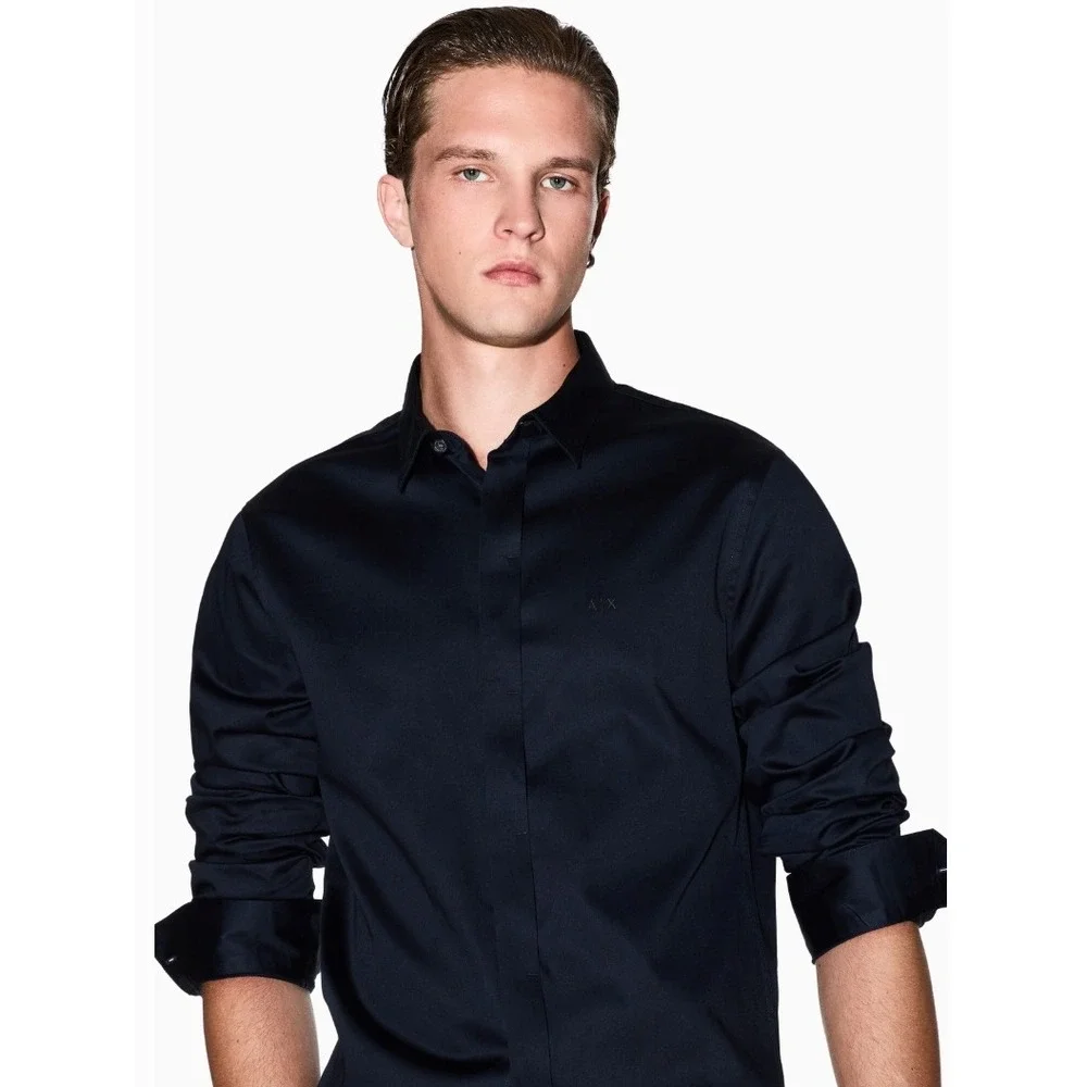 Armani Exchange Satin Button Up Shirt Men XXL Navy Blue Slim‎ Fit Designer EUC